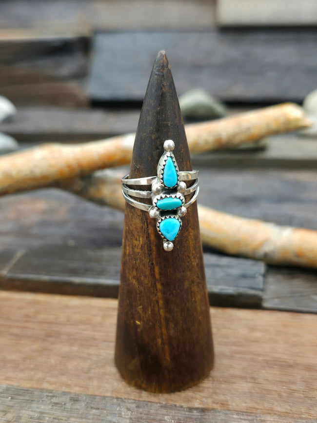 Three Stone Sterling Silver Blue Gem Turquoise Ring - Size 9