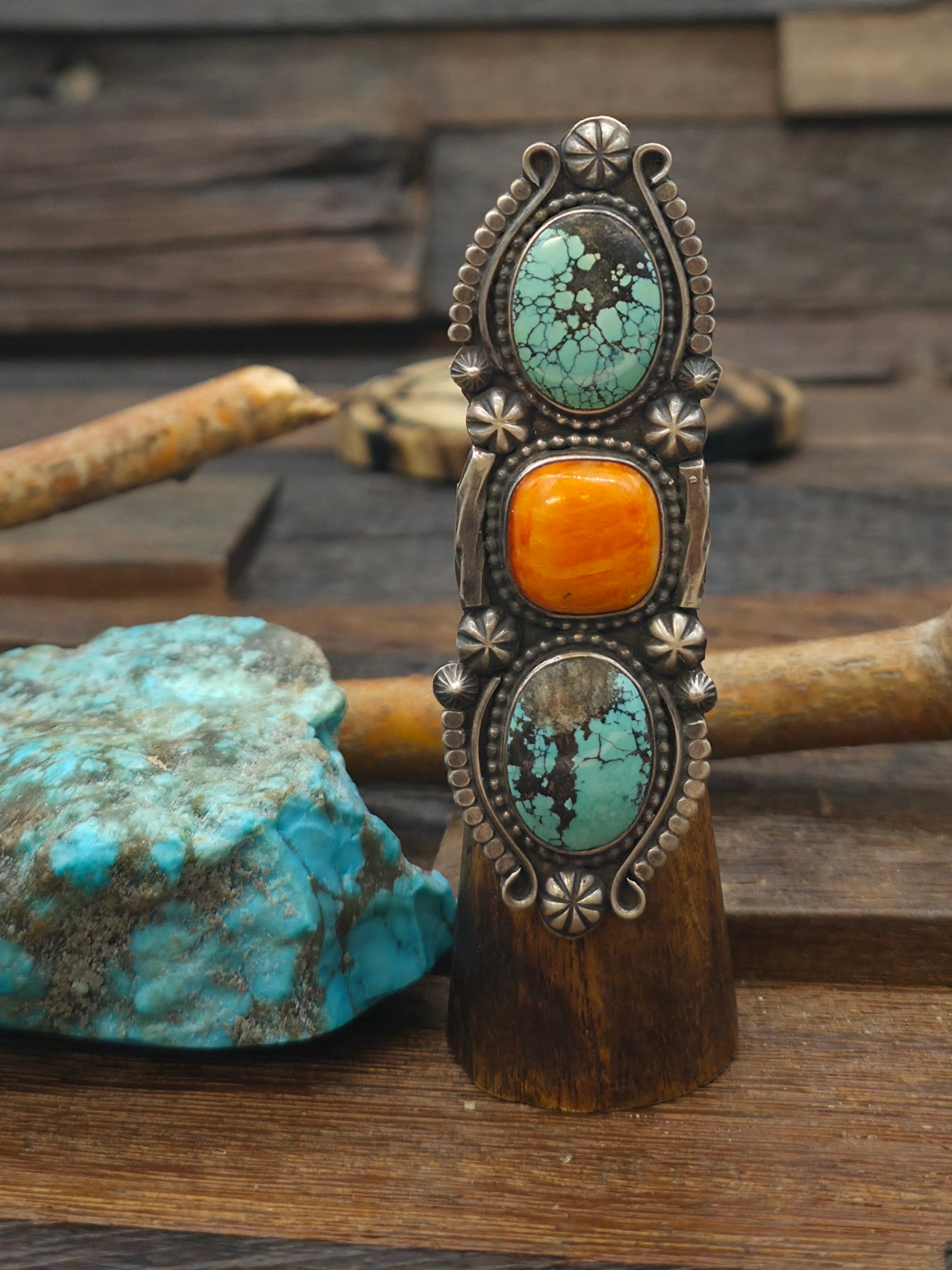 Sterling Silver Turquoise and Spiny Oyster Three Stone Ring by Rosella Paxton - Size 10
