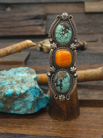 Stamped Sterling Silver and Sleeping Beauty Turquoise Hanging Hoop Earrings by Julia Etsitty