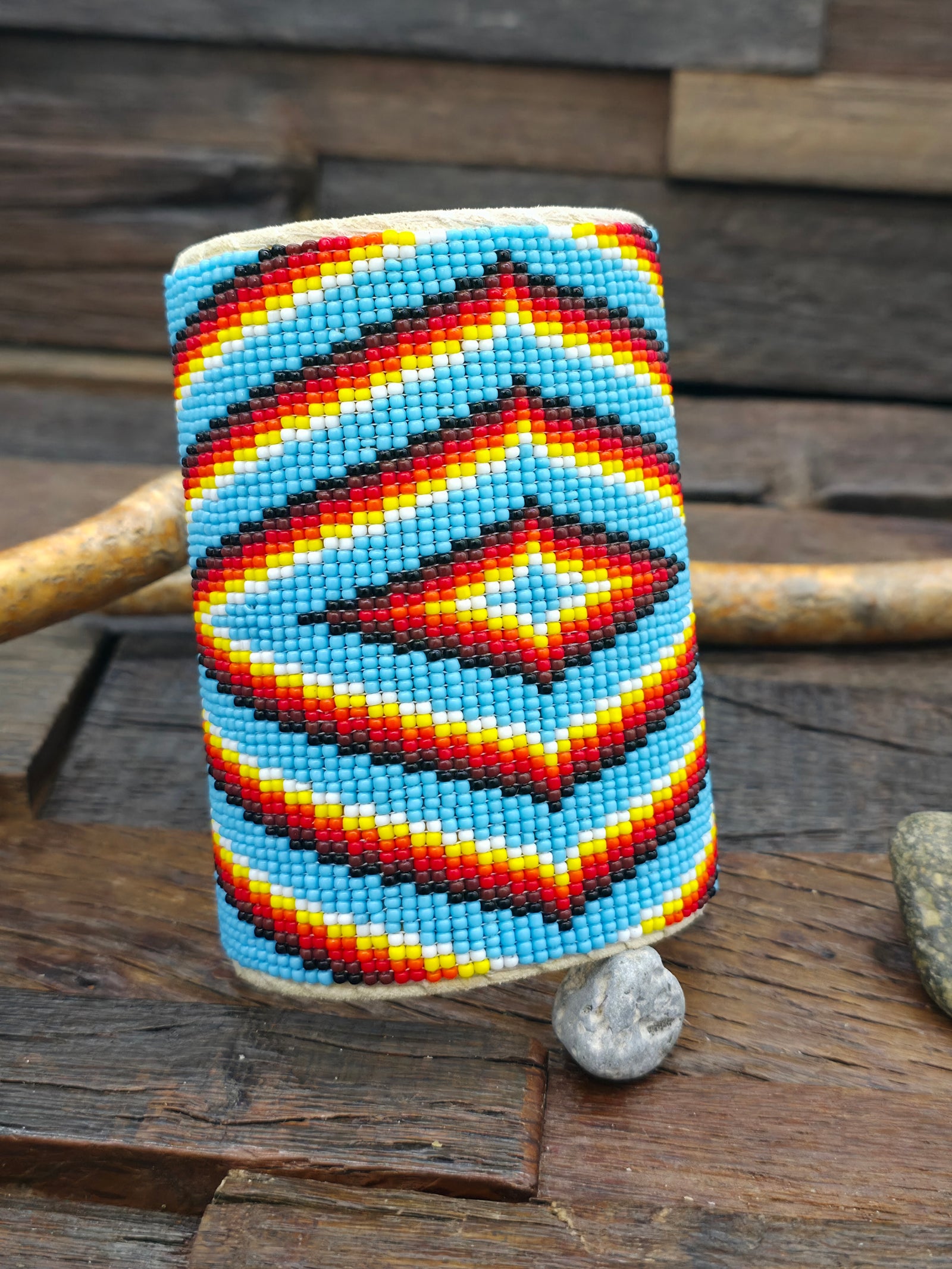 Extra-Wide Beadwork Cuff - Blue, White, Yellow, Red, Brown, Black - 7 in.