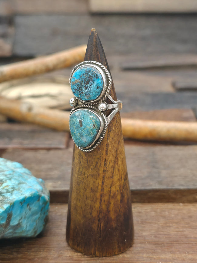 Two Stone Sterling Silver Turquoise Ring by L. Ganado - Size 7 1/2
