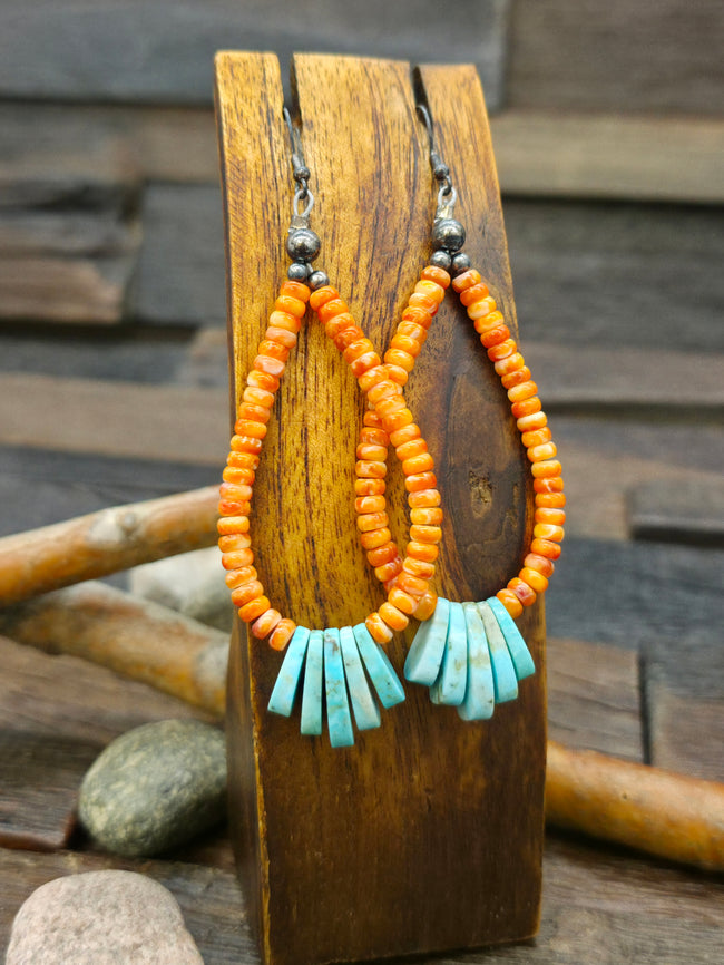 Blue Turquoise and Orange Spiny Oyster Jacla Earrings by Teresa Montoya - 4 in. by 1 in.