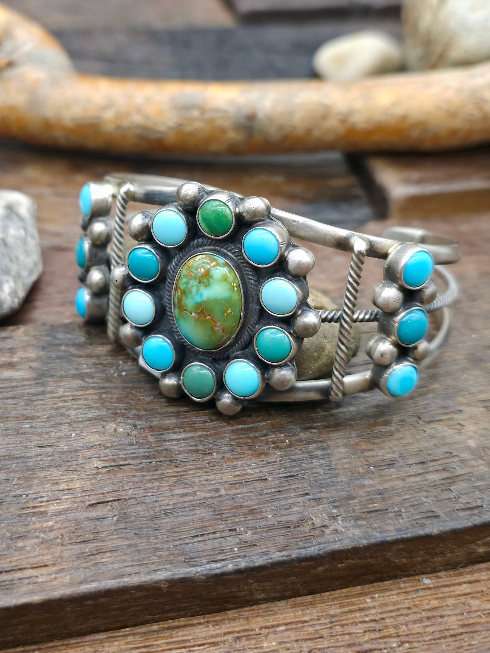 Sterling Silver Mixed Turquoise Cluster Cuff Bracelet by Kathleen G. - 6 3/4 in. with Gap