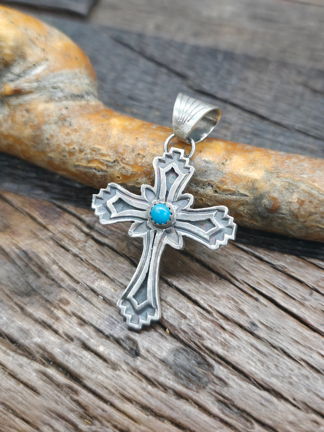Sterling Silver Overlay Cross Pendant with Turquoise by Robertson Martinez - 1 3/4 in. by 1 1/8 in.