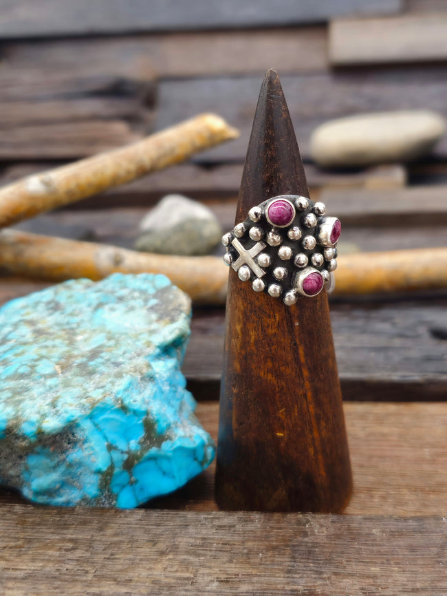 Sterling Silver Cross and Raindrop Purple Spiny Ring by Geneva Apachito - Size 9