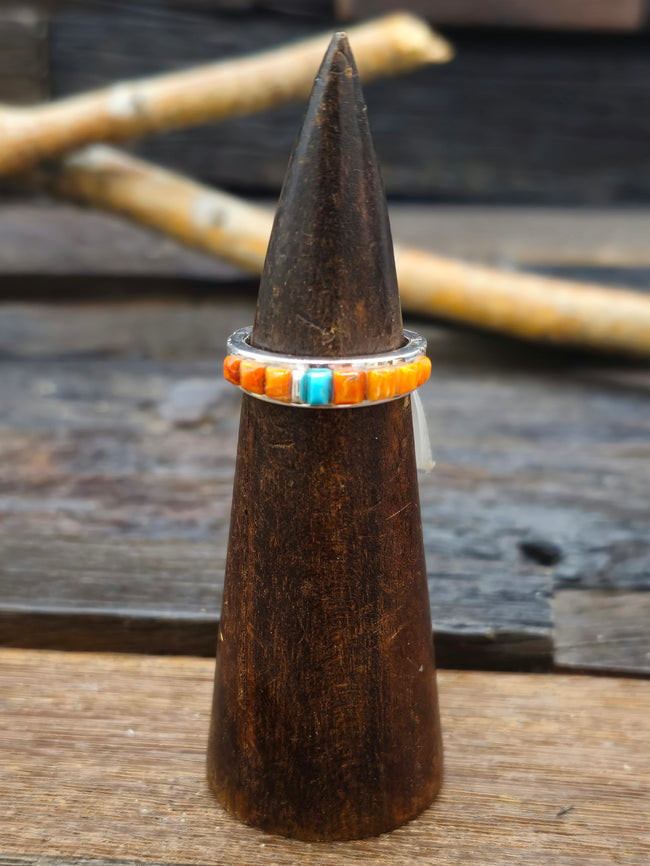 Orange Spiny and Turquoise Cobblestone Inlay Sterling Silver Ring by Albert Topaha - Size 9