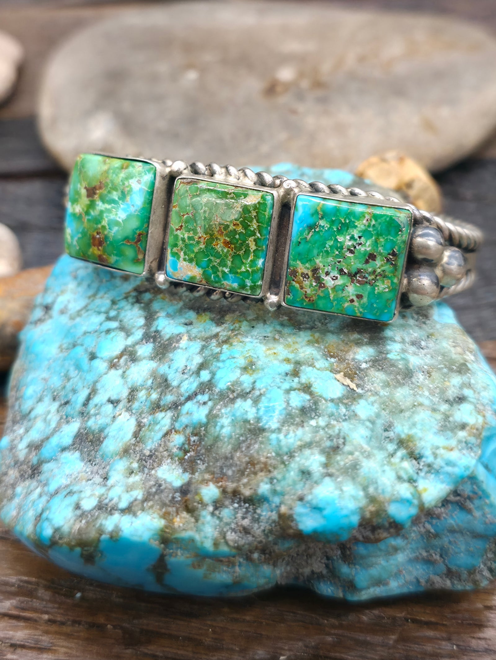 Three Stone Sterling Silver Sonoran Turquoise Cuff by Nila Johnson - 6 1/4 in. with Gap