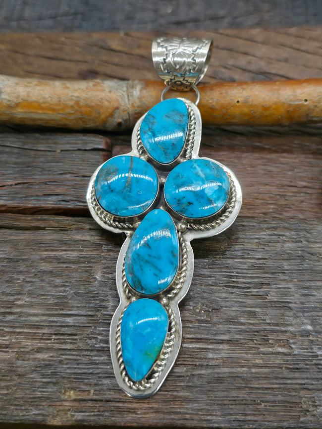 Sterling Silver Turquoise Cross Pendant by Emerson Delgarito - 4 in. by 1 3/4 in.