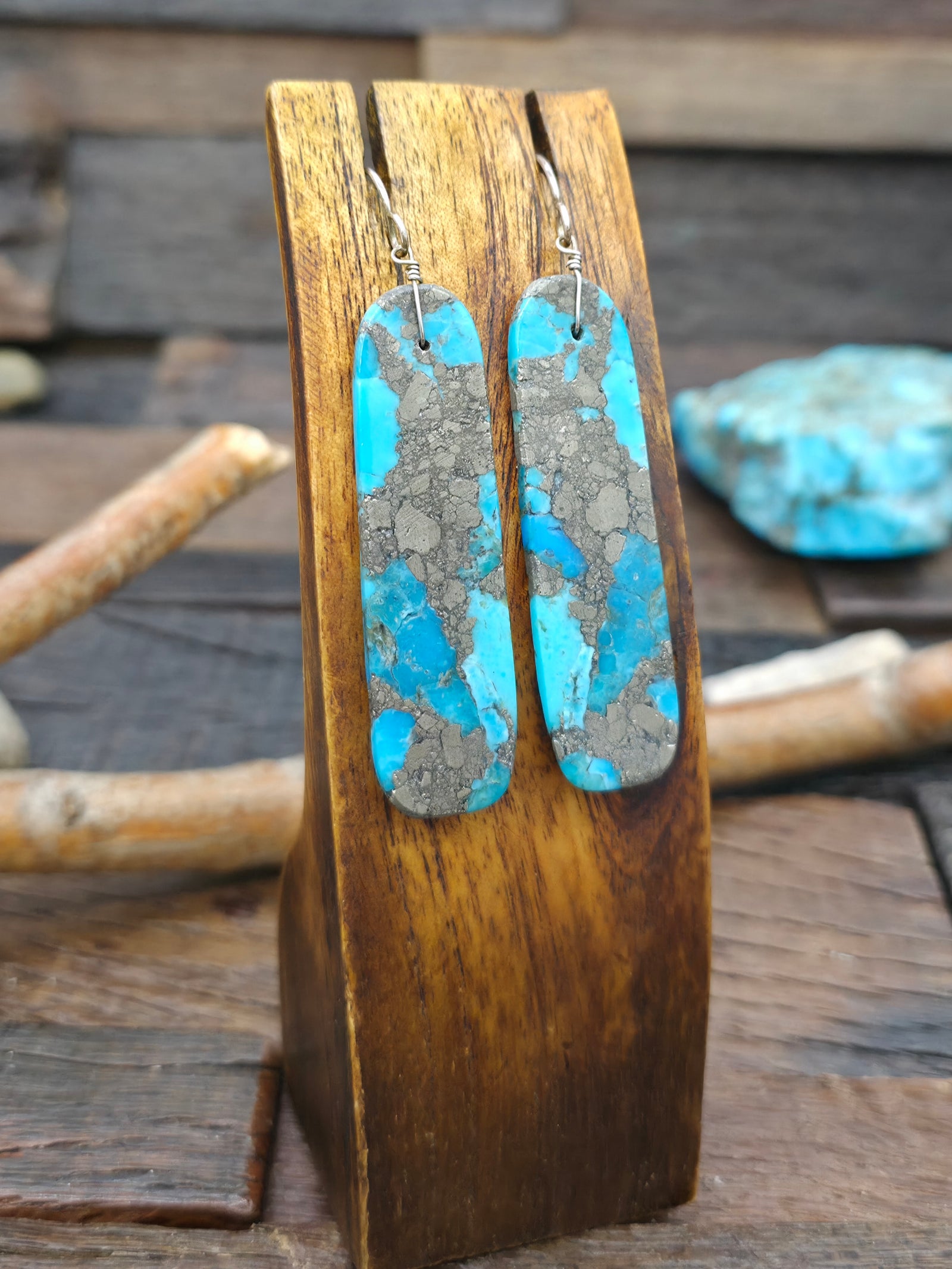 Turquoise Slab Earrings by Marcella Castillo - 3 in. by 3/4 in.