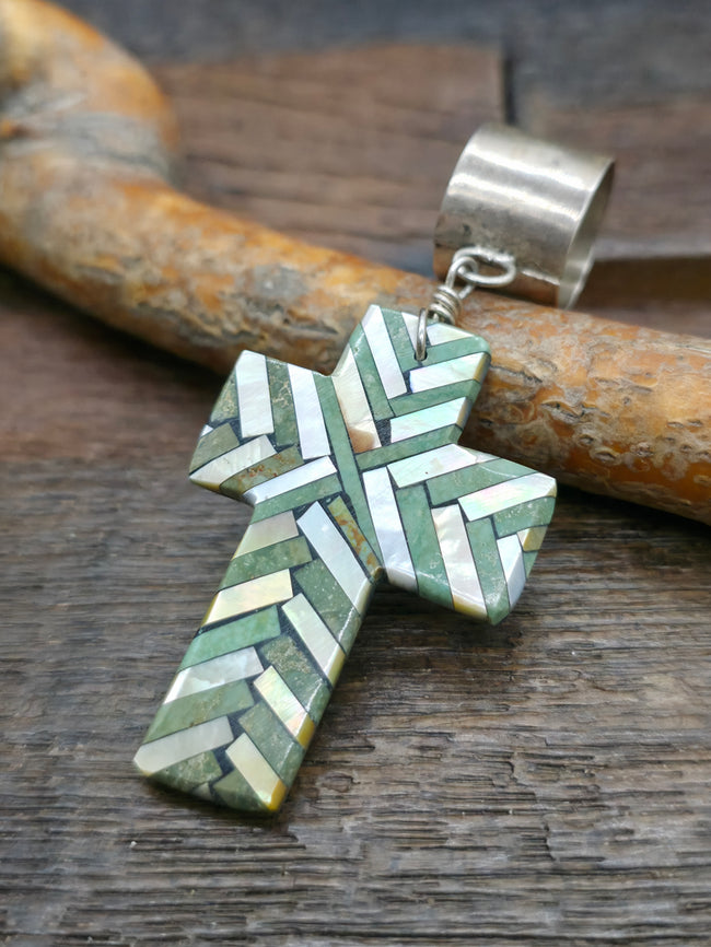 Medium Mosaic Inlay Cross Pendant with Green Turquoise by Joe Reano