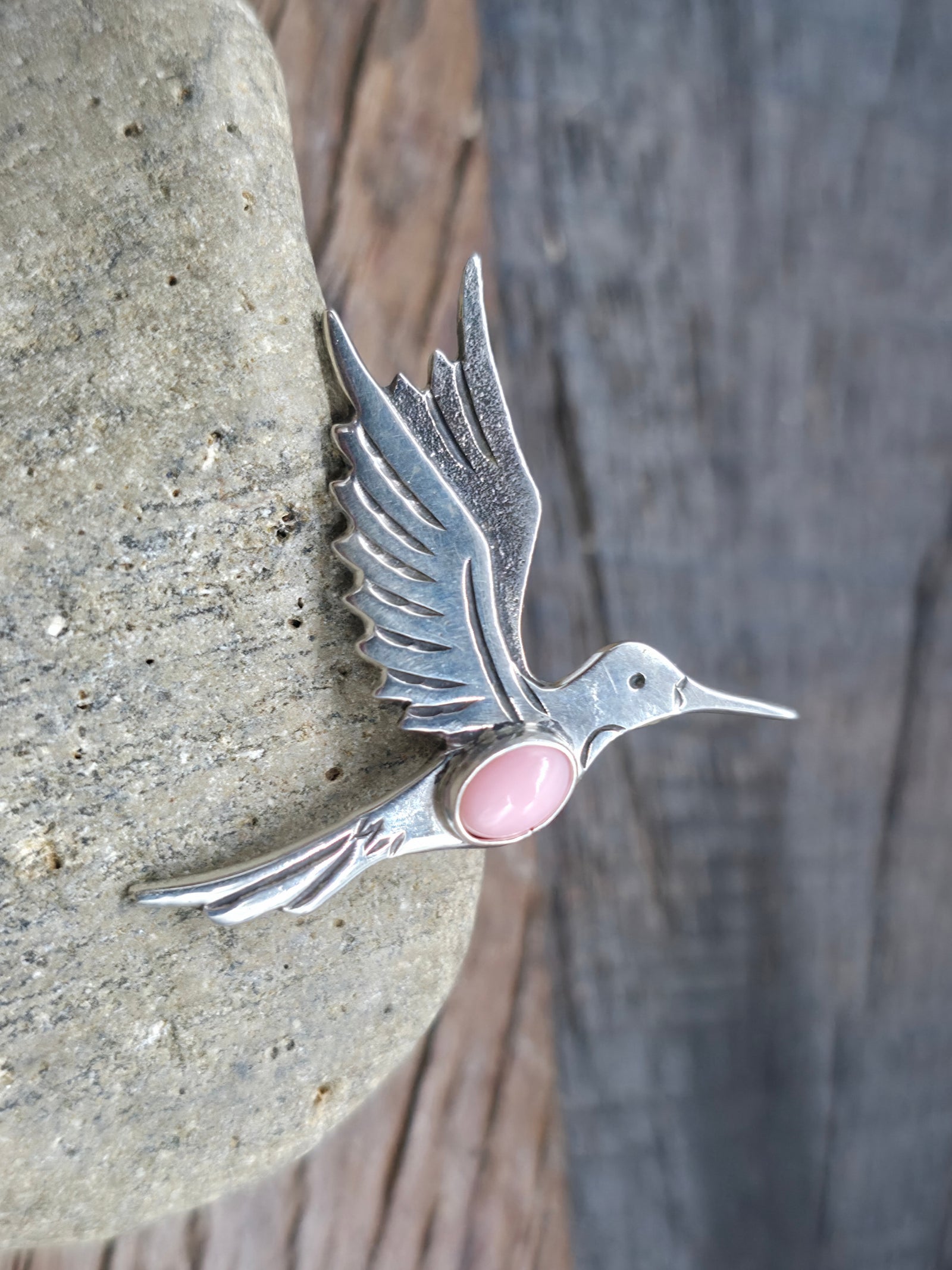 Sterling Silver Hummingbird Pin with Pink Conch by Lee Charley - 1 1/2 in. by 1 in.