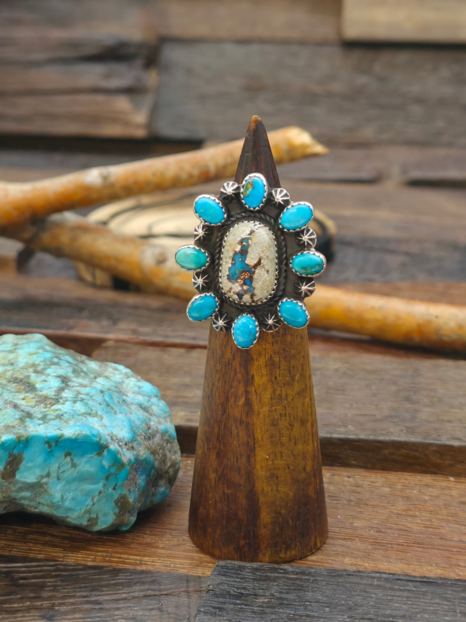 Sterling Silver Boulder Turquoise Cluster Ring by Rosella Paxton - Size 7
