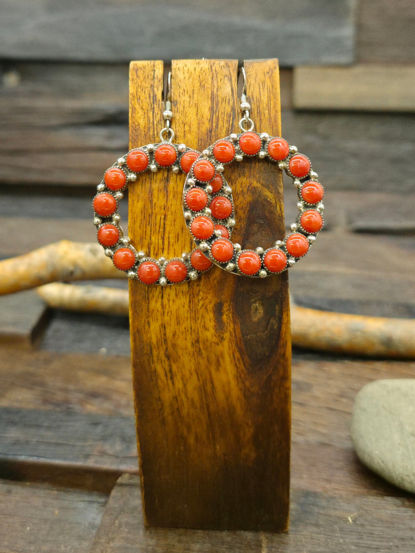 Sterling Silver Coral Hanging Hoop Earrings by "J" - 2 1/2 in. by 1 1/2 in.