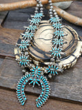 Vintage/Estate Sterling Silver Turquoise Needlepoint Squash Blossom Necklace - 26 in.