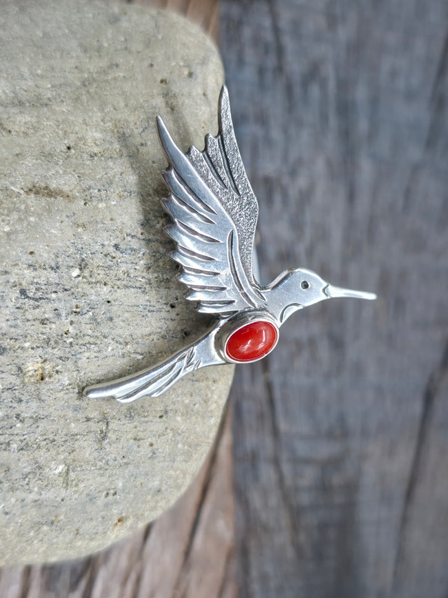 Sterling Silver Hummingbird Pin with Coral by Lee Charley - 1 1/2 in. by 1 in.