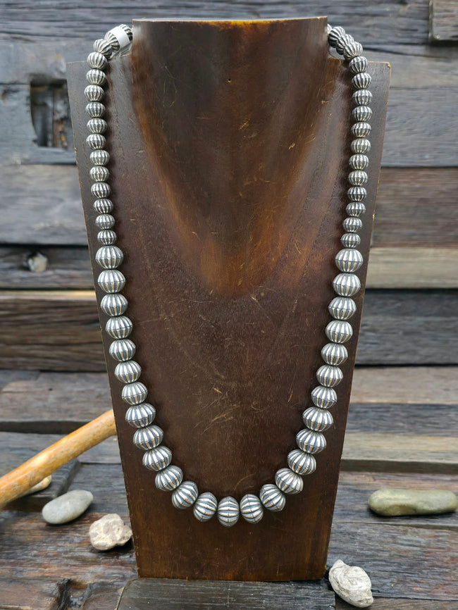 Fluted, Graduated Oxidized Sterling Silver Bead Necklace - 22 in