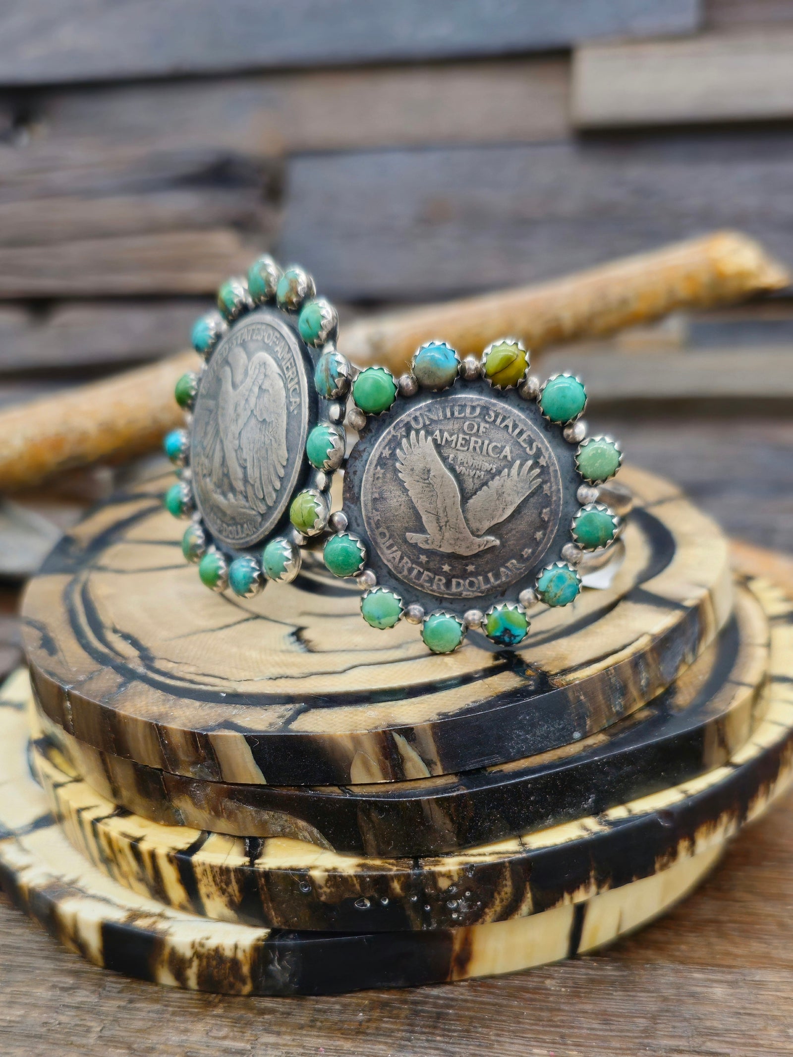 Eagle Quarter and Half Dollar Coins Green Turquoise Cuff by L. Archuleta - 7 in.
