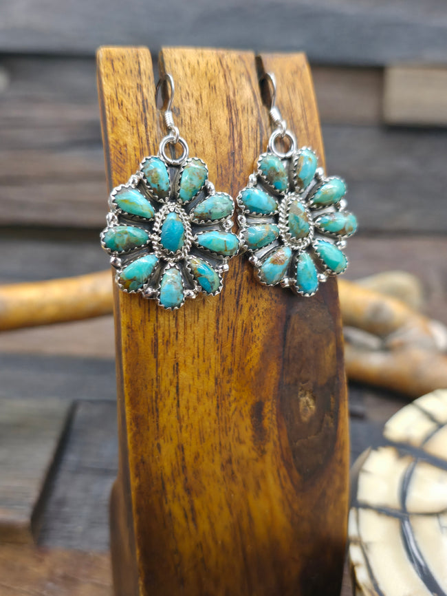 Sterling Silver Green Turquoise Cluster Hook Earrings by Ophelia Moses - 1 in.