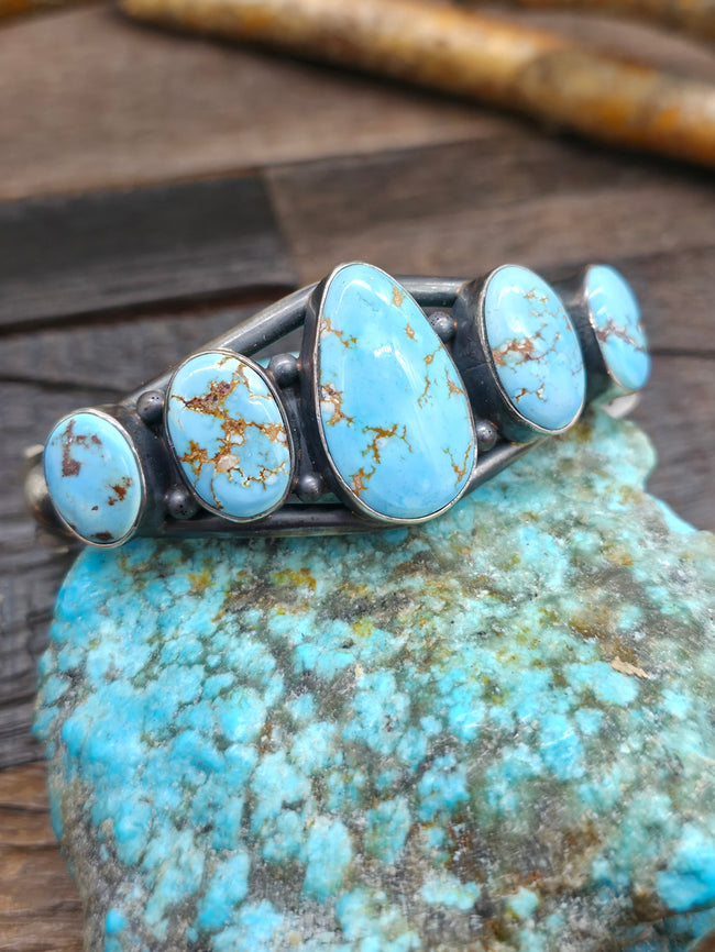 Five Stone Sterling Silver Golden Hill Turquoise Cuff by Nila Johnson - 6 1/2 in. with Gap