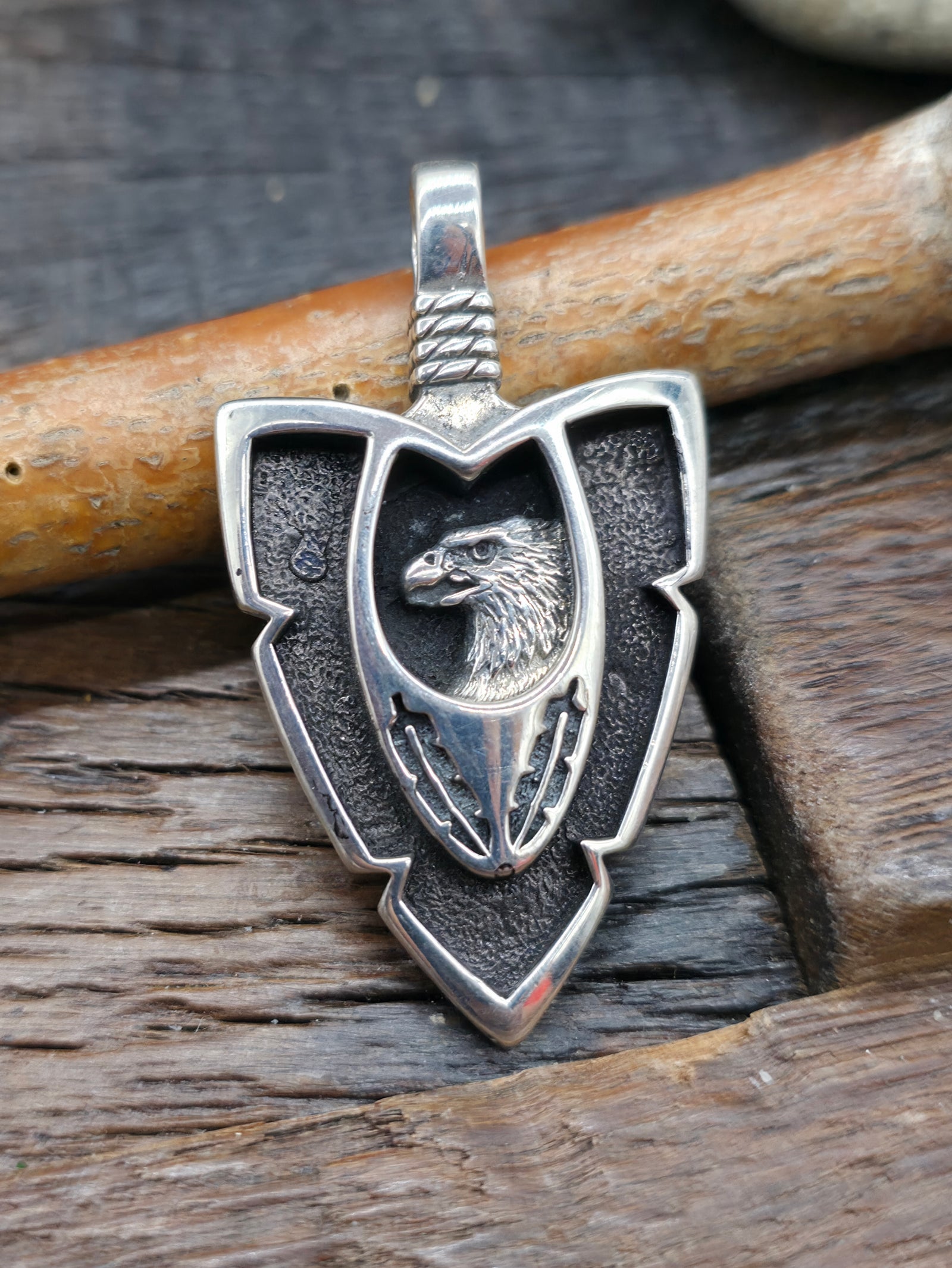 Sterling Silver Arrowhead Pendant - Eagle NON NATIVE MADE - 2 1/4 in. by 1 1/4 in.