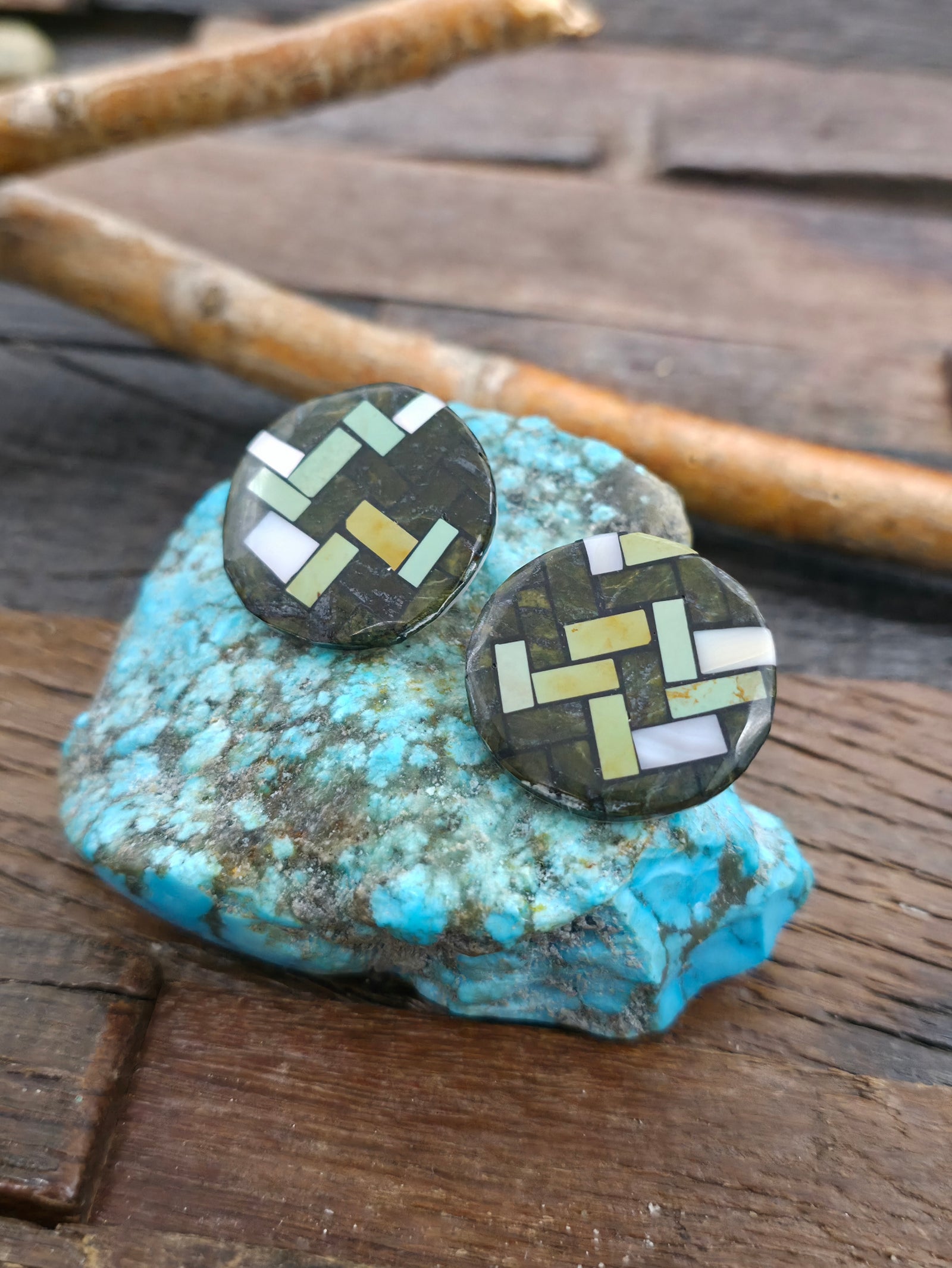 Serpentine, Green Turquoise, and Mother of Pearl Inlay Earrings by Rena Owen - 1 1/4 in. Diameter