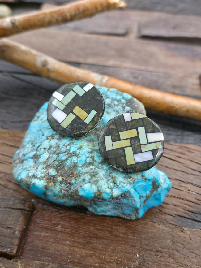 Serpentine, Green Turquoise, and Mother of Pearl Inlay Earrings by Rena Owen - 1 1/4 in. Diameter