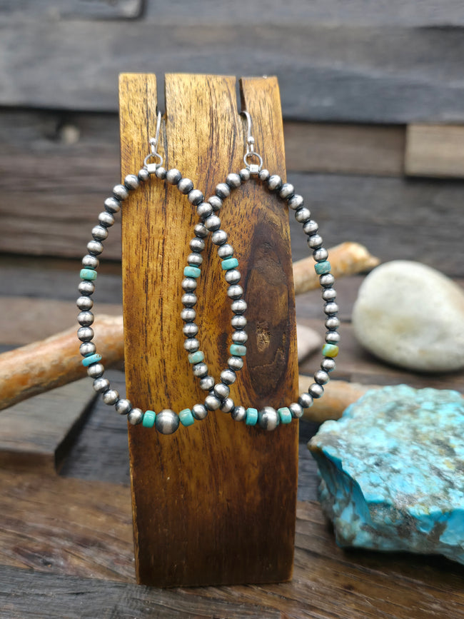 Sterling Silver and Turquoise Bead Hanging Loop Earrings - 3 1/4 in. by 1 1/2 in.