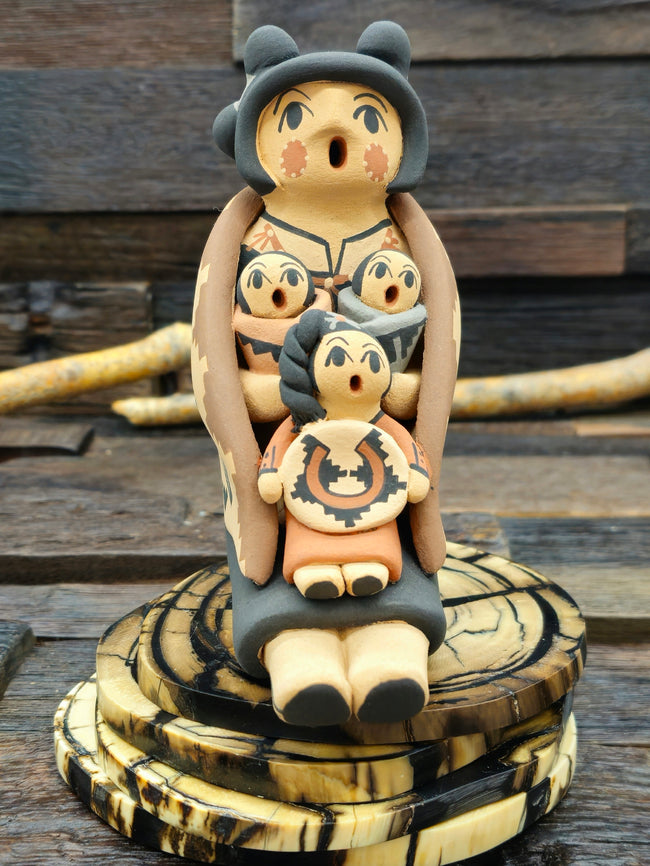Jemez Storyteller Figurine with Girl, Two Infants, and Basket by Chrislyn Fragua - 5 1/2" by 4" by 3"