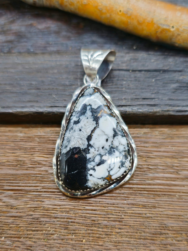 Sterling Silver White Buffalo Pendant with Stamped Bail