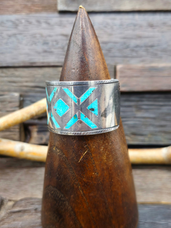 Vintage/Estate Sterling Silver Turquoise Inlay Cuff Circa 1950s - 6 1/2 in.