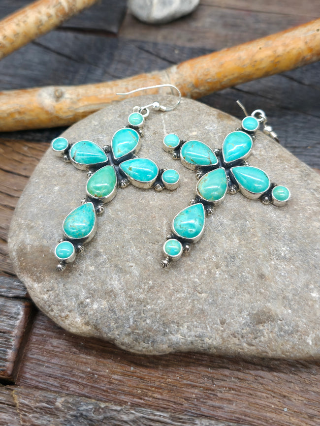 Sterling Silver Green Turquoise Cross Earrings by L.B. - 3 in. by 1 3/4 in.