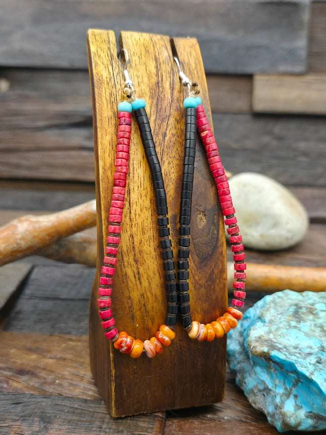 Jet, Apple Coral, and Spiny Oyster Jacla Earrings - 4 in. by 1 in.