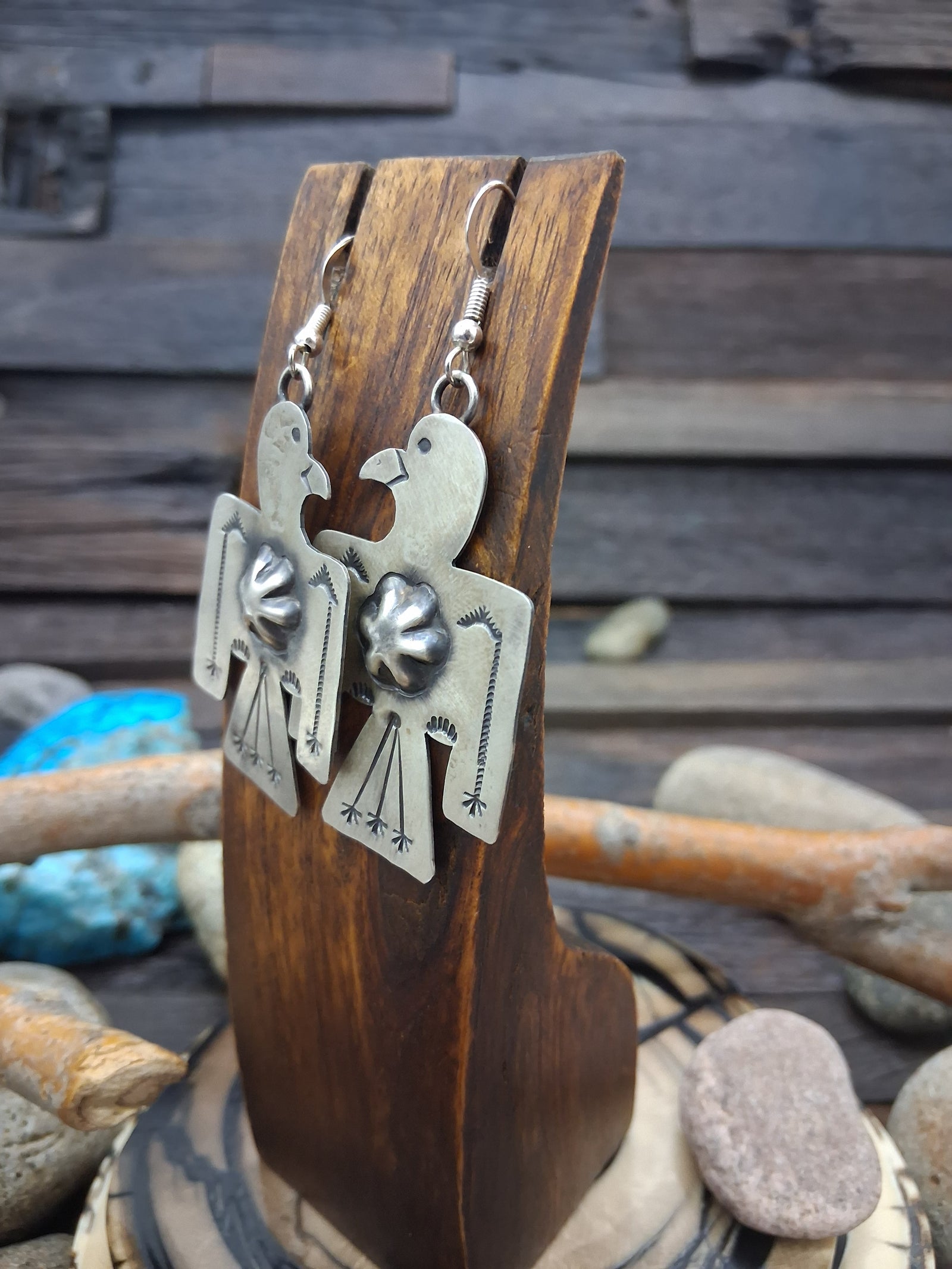 Sterling Silver Eagle Stamped Starshot Hook Dangle Earrings by Roberta Yazzie