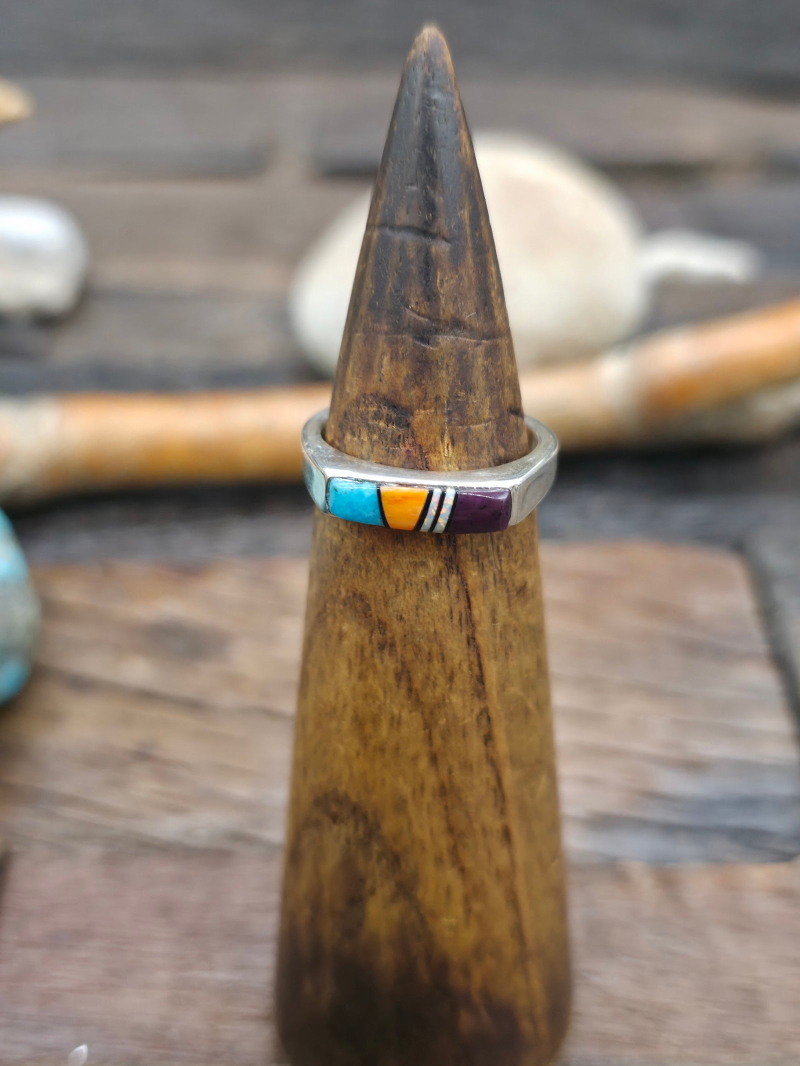 Sterling Silver Multistone Inlay Ring with Turquoise, Spiny, Sugilite, and Lab Opal by Albert Topaha - Size 7 3/4