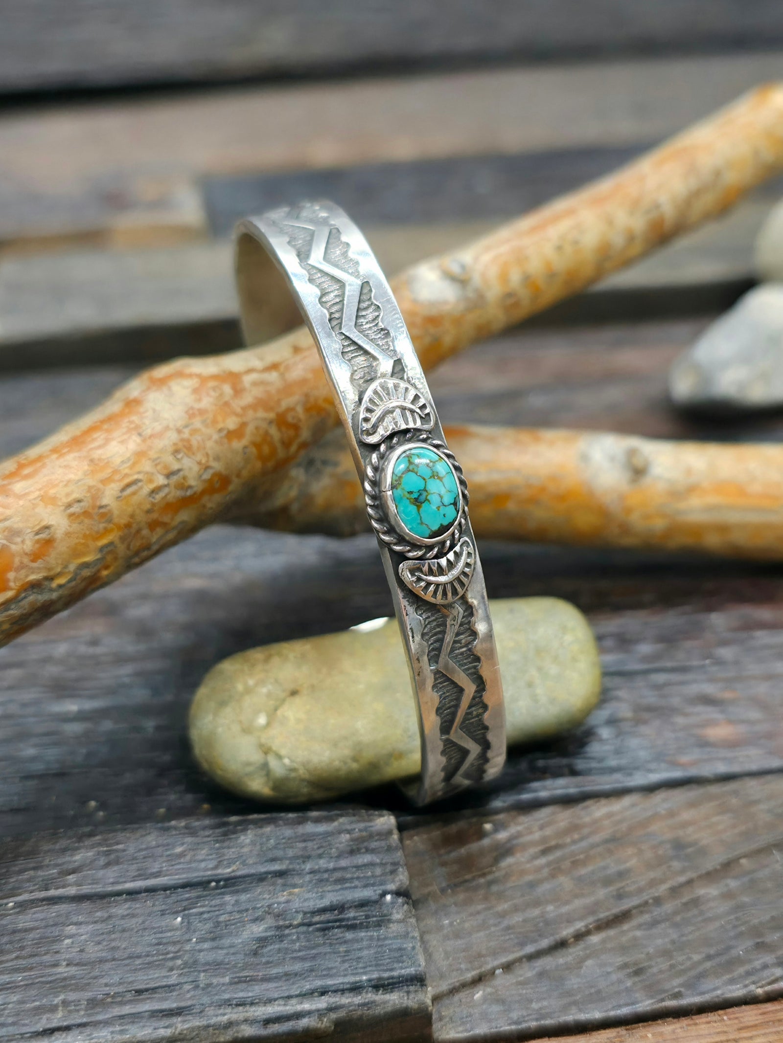Stamped Sterling Silver and Turquoise Cuff by Sunshine Reeves - 6 1/2 in.