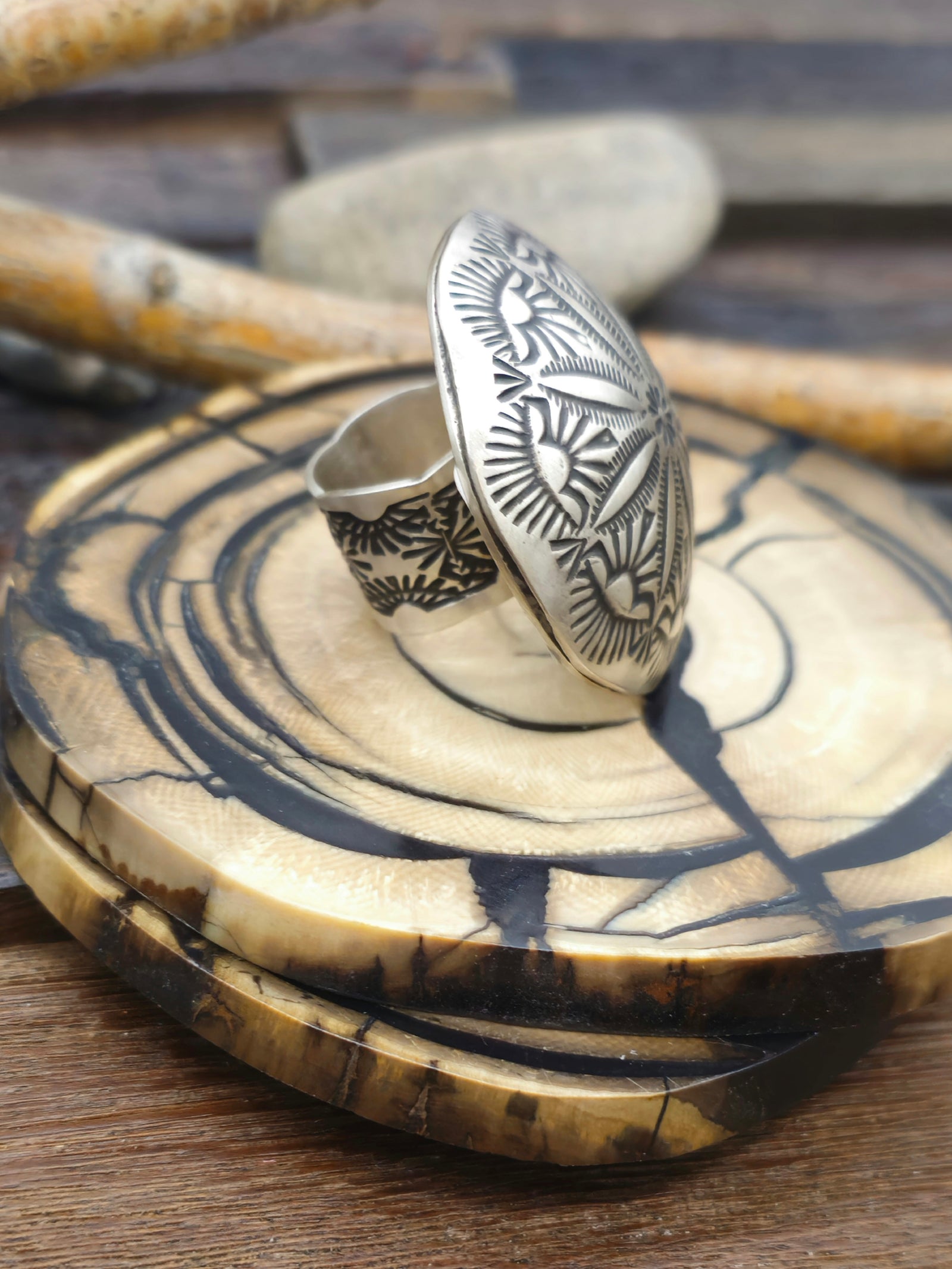 Stamped Sterling Silver Dome Adjustable Ring by Leander Tahe