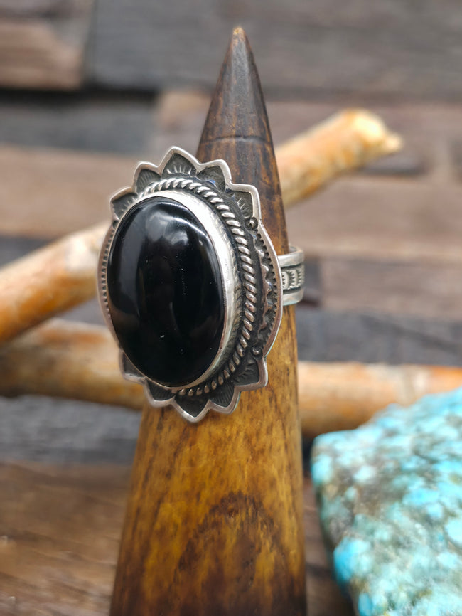 Stamped Sterling Silver Onyx Ring by Happy Piasso - Adjustable