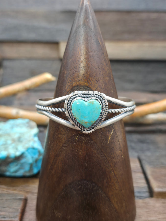 Oxidized Sterling Silver Kingman Turquoise Heart Cuff by Walter Vandever - 6 1/2 in. with Gap