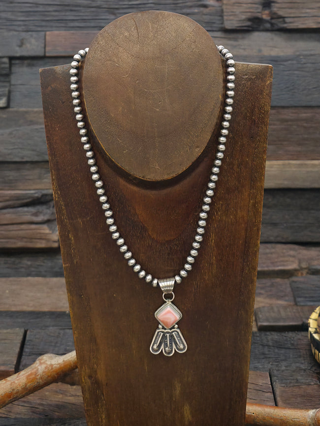 Pink Conch Sterling Silver Feather and Shield Pendant on Navajo Pearls by Sharon McCartney - 16 in.