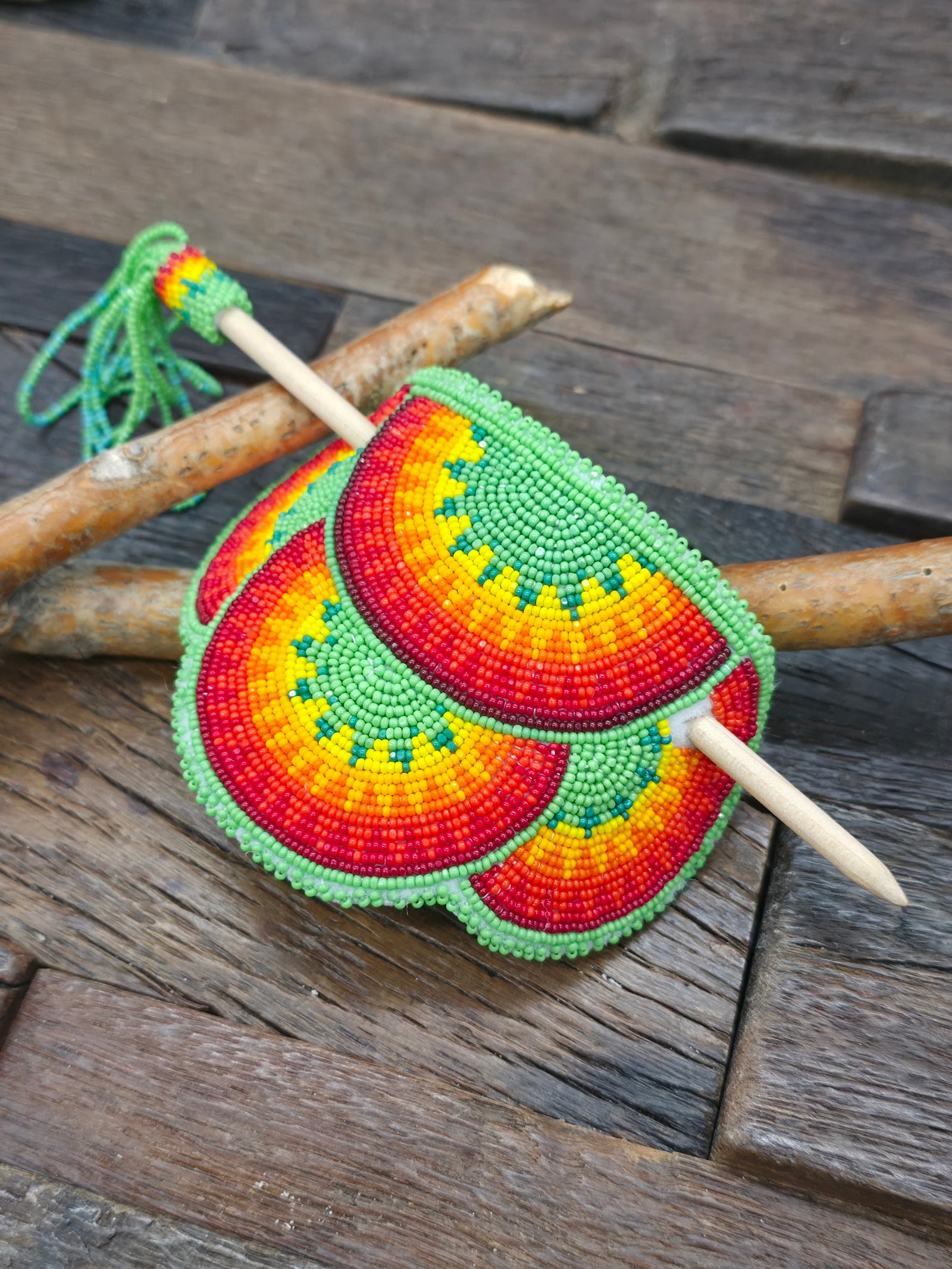 Green and Orange Bead Work Stick Barrette by Lena Siemy - 6 1/2 in. by 3 in.