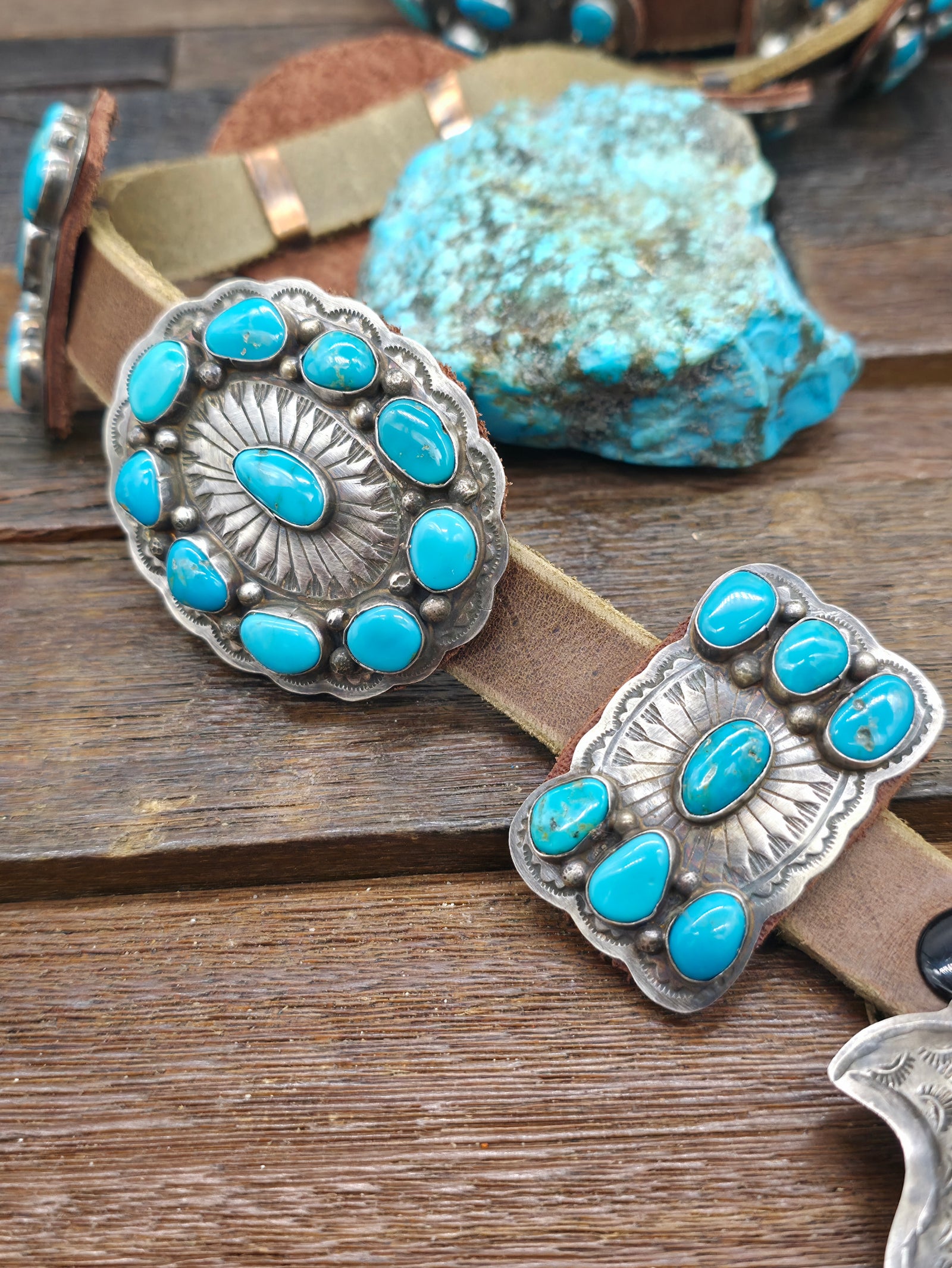 Stamped Sterling Silver and Turquoise Concho Belt by Dan Morgan - 52 in.