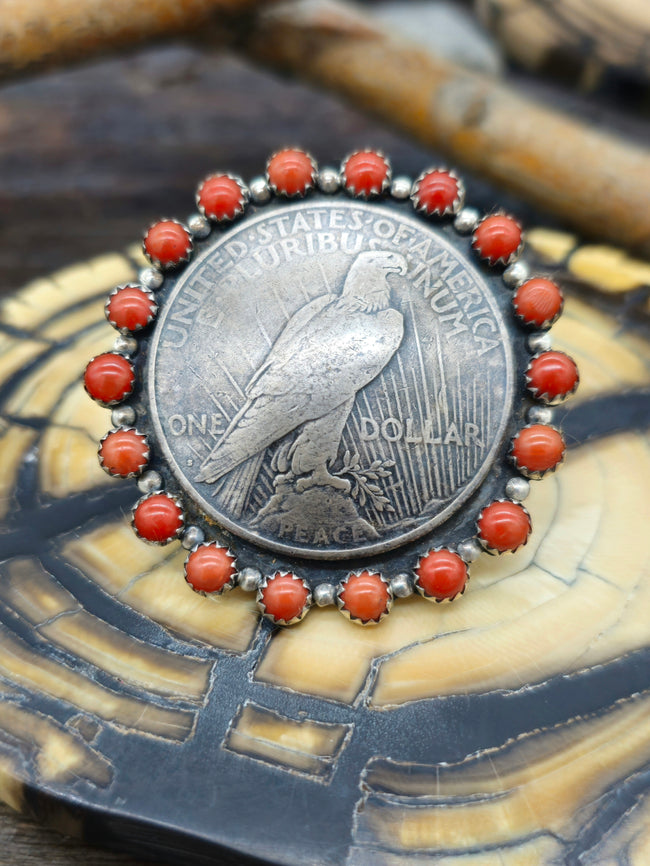 Eagle Dollar Coin Ring with Coral - Size 8.5