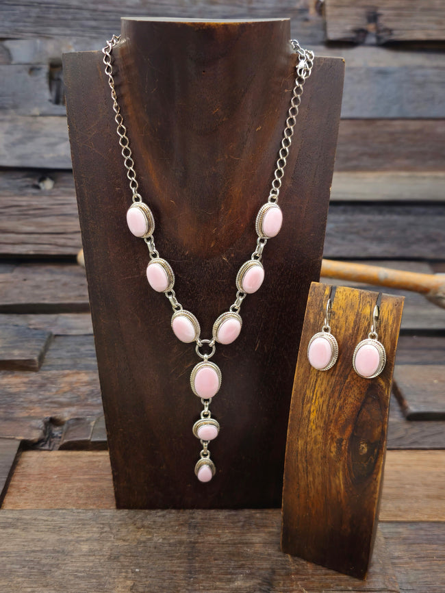 Sterling Silver Pink Conch Lariat Necklace and Earring Set - 21 in.