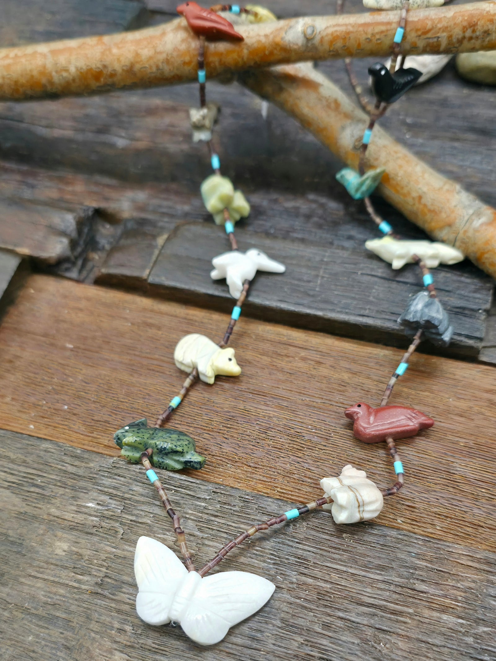Multi Animal Zuni Fetish Necklace with Central Butterfly by Larry Cisco - 30 in.
