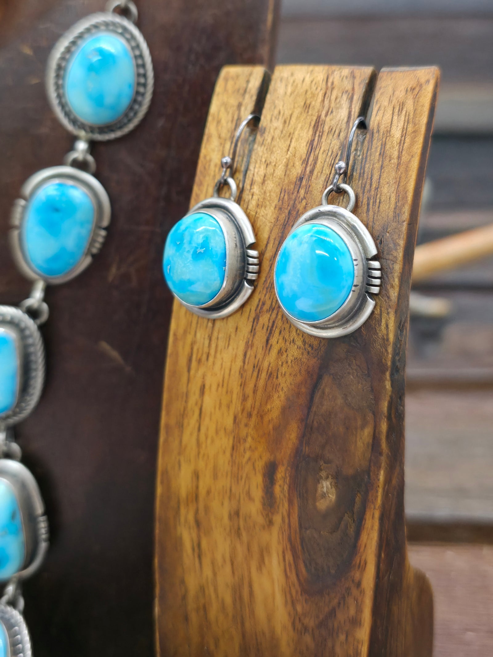 Sterling Silver Turquoise Lariat Necklace and Earring Set by "RB" - 22 in. with 4 in. Drop