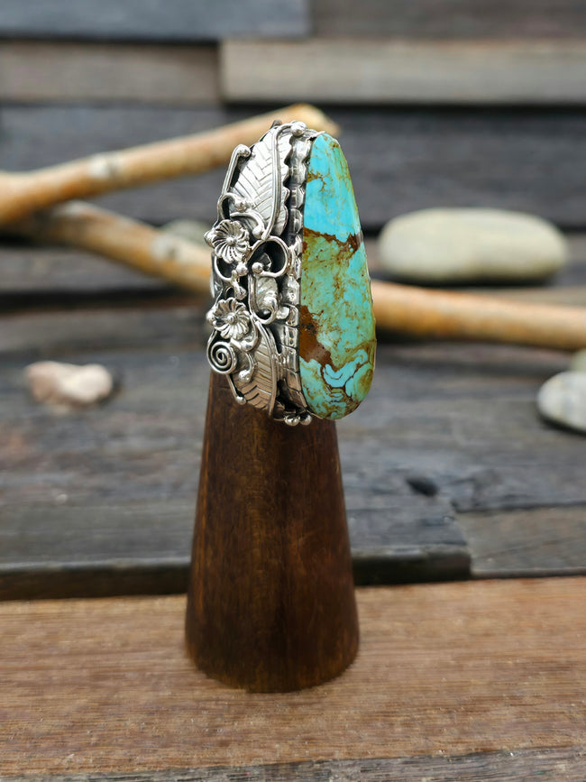 Large Turquoise and Sterling Silver Leaf Ring by Jimmy Garcia - Size 7