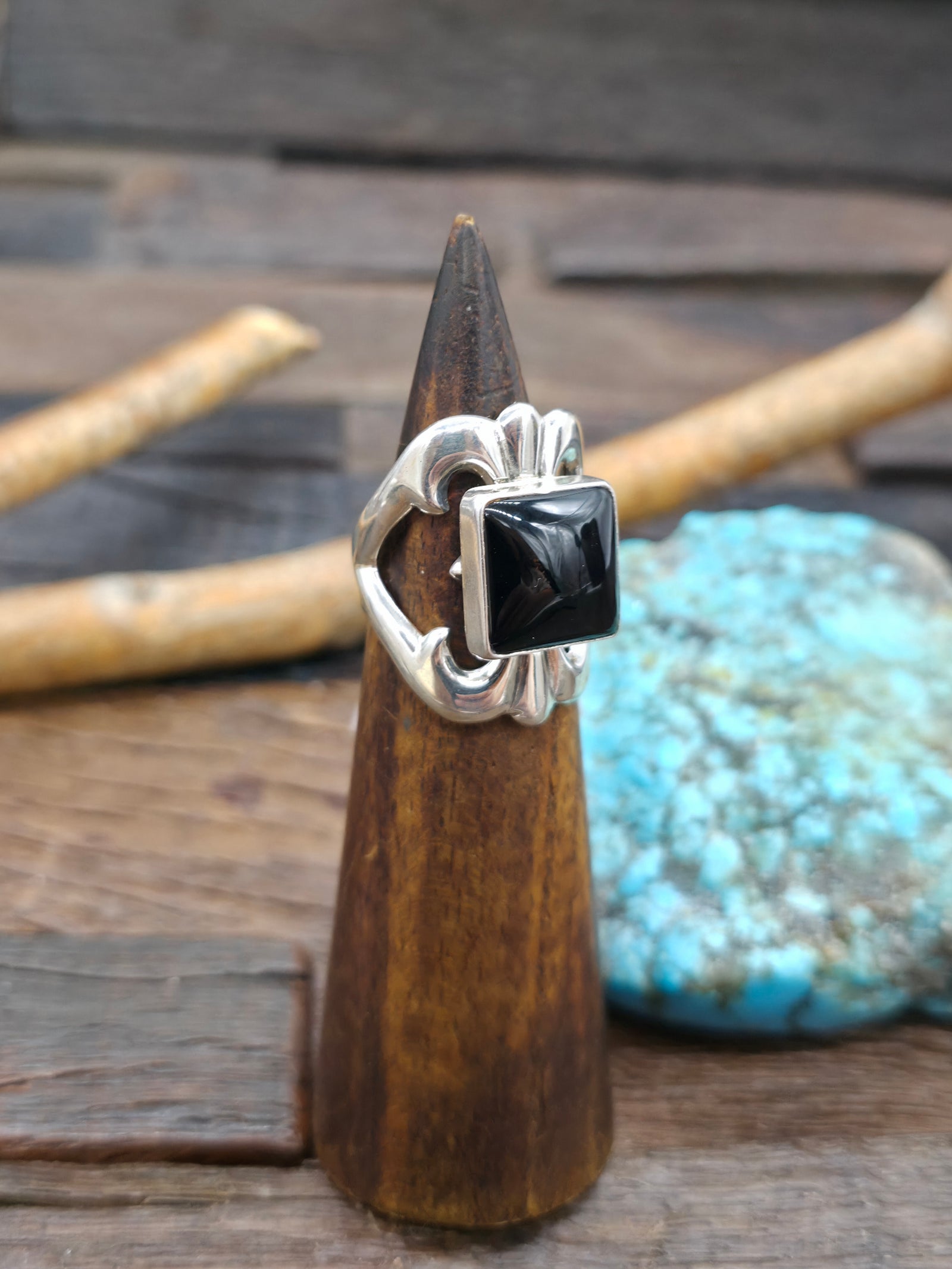 Cast Sterling Silver Onyx Ring by Kevin Yazzie - Size 9