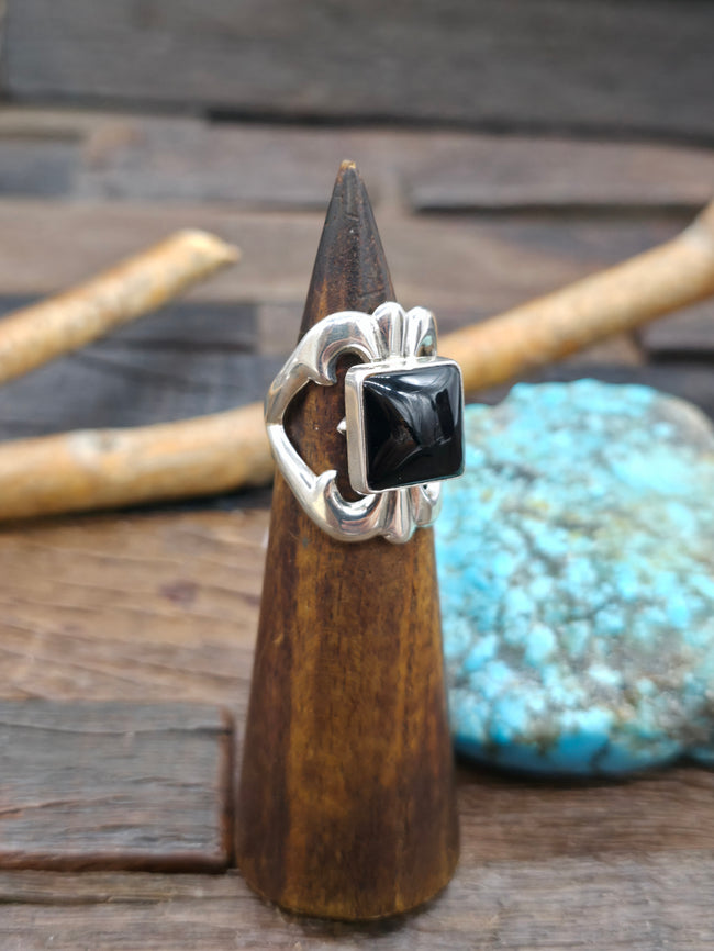 Cast Sterling Silver Onyx Ring by Kevin Yazzie - Size 9