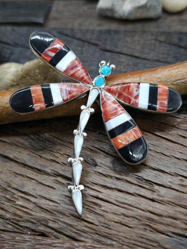 Sterling Silver Inlay Dragonfly Pin/Pendant by Angus Ahiyite - Jet, Spiny, Mother of Pearl, Turquoise