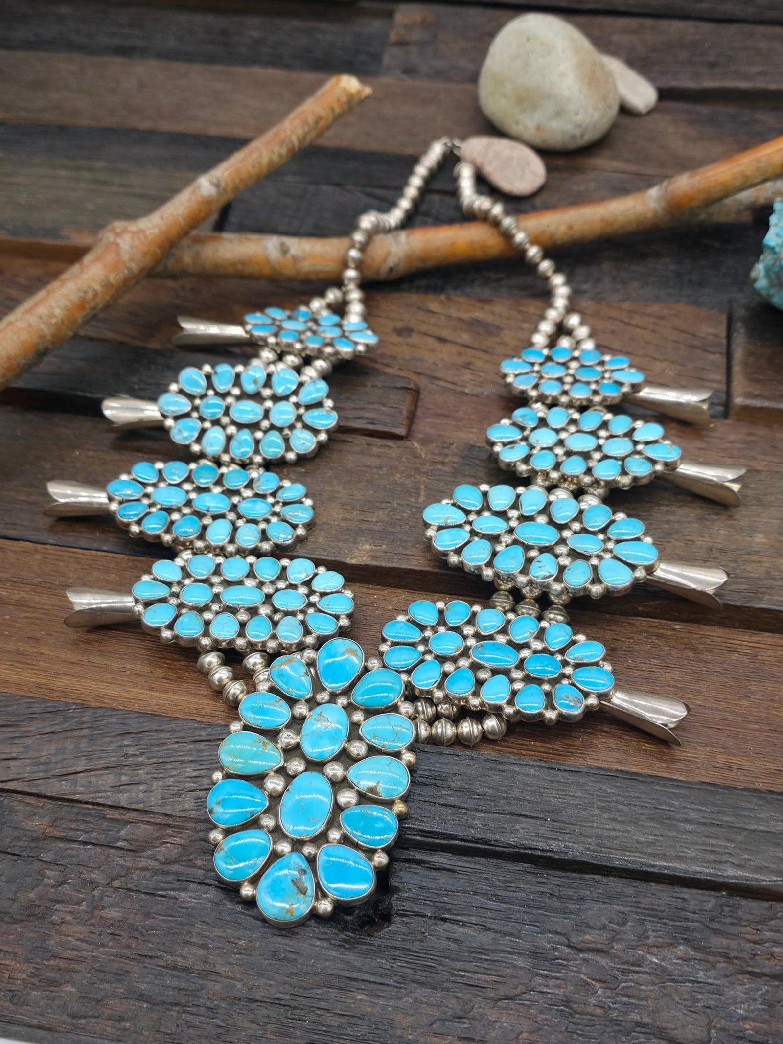 Sterling Silver Turquoise Cluster Squash Blossom Necklace by Melvin and Tiffany Jones - 26 in.